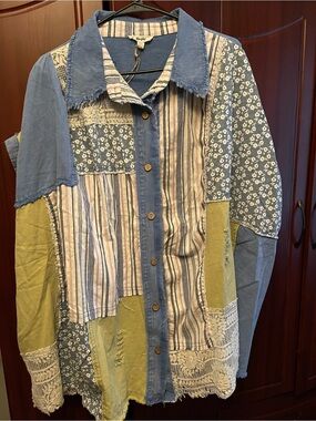 Blue Velvet Patchwork Button-Down Shirt - Blue & Olive S/M NWT oversized